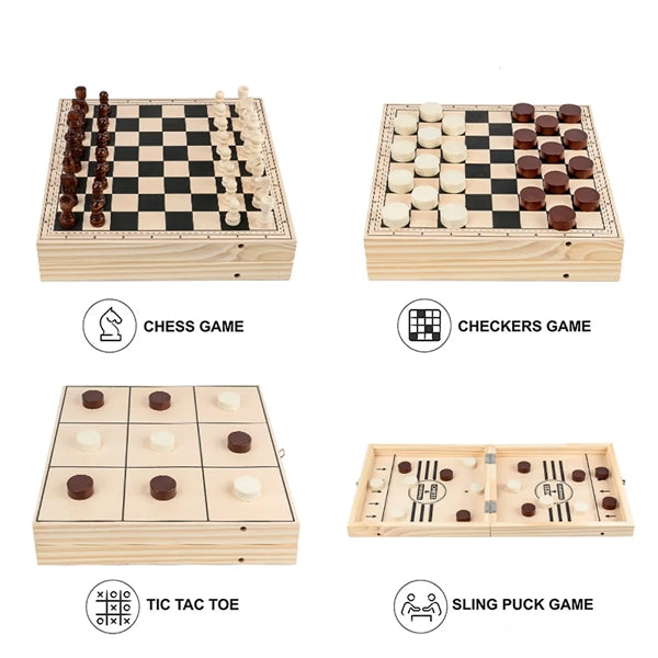 4-In-1 Travel Folding Wooden Tabletop Chess Board Game Sets
