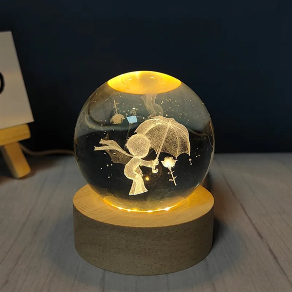 3D Engraving Crystal Ball Paperweight with LED Wood Stand