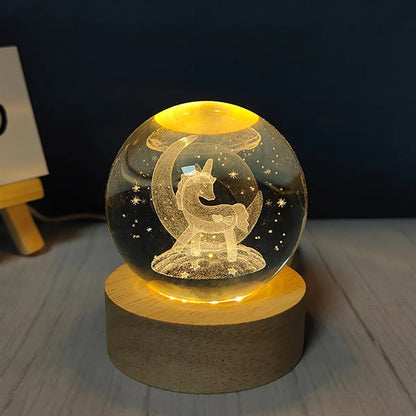 3D Engraving Crystal Ball Paperweight with LED Wood Stand