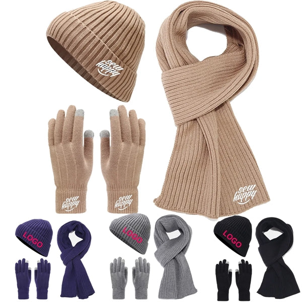 Elegant Unisex Knitted Beanie Hat Gloves Scarf Set