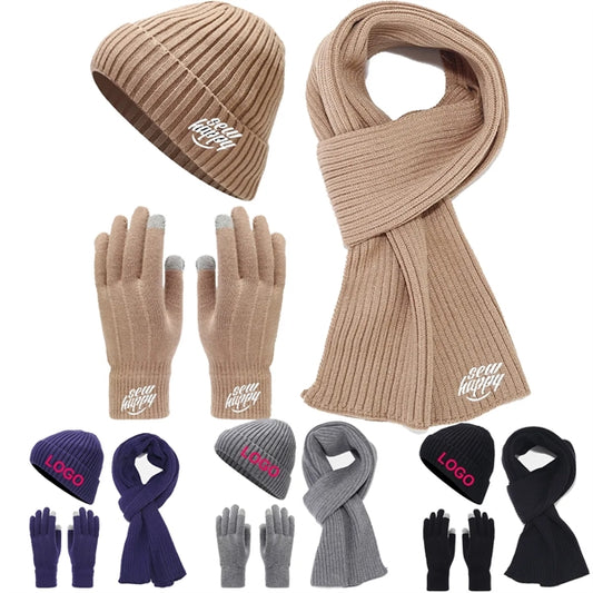 Elegant Unisex Knitted Beanie Hat Gloves Scarf Set