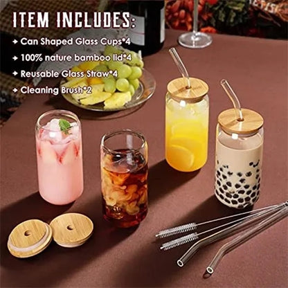 16oz Can Shaped Glass Cup with Bamboo Lid and Straw