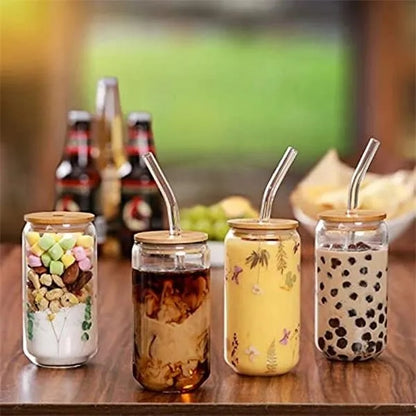 16oz Can Shaped Glass Cup with Bamboo Lid and Straw