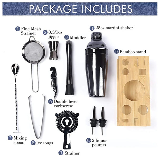 11pcs Cocktail Bartender Shaker Set with Bamboo Stand