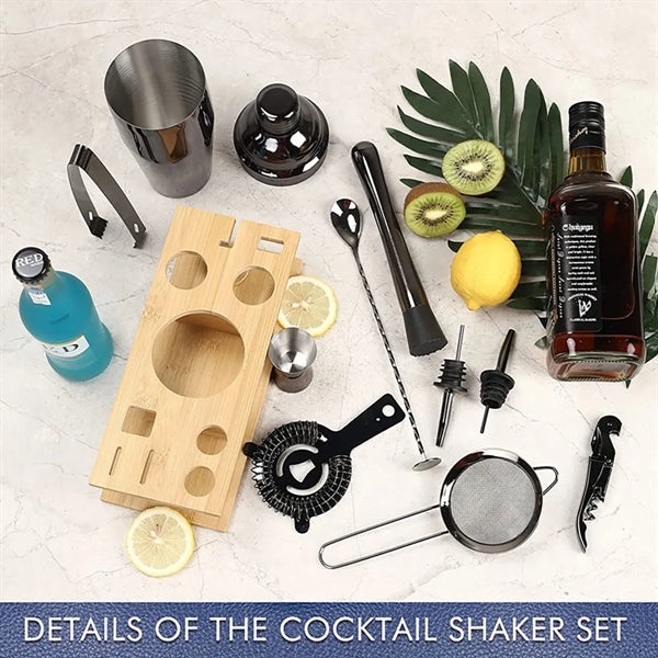 11pcs Cocktail Bartender Shaker Set with Bamboo Stand