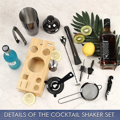11pcs Cocktail Bartender Shaker Set with Bamboo Stand