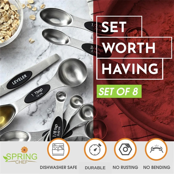 Set of 8 Stainless Steel Magnetic Measuring Spoons
