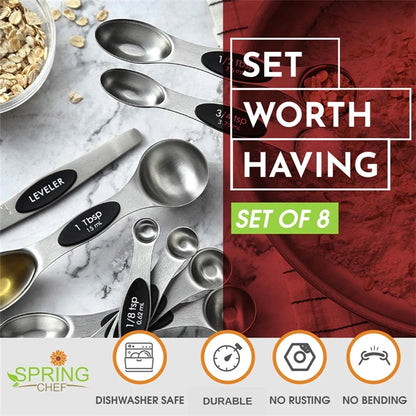 Set of 8 Stainless Steel Magnetic Measuring Spoons