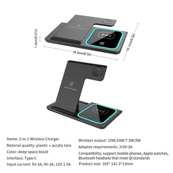 15W Wireless Charger 3 in 1 Fast Foldable Charging Station