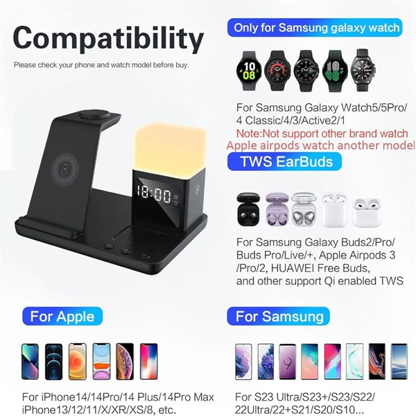 6 in 1 Charging Station With Alarm Clock And Night Light