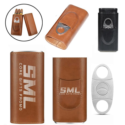 Leather Cigar Case with Silver Stainless Steel Cutter