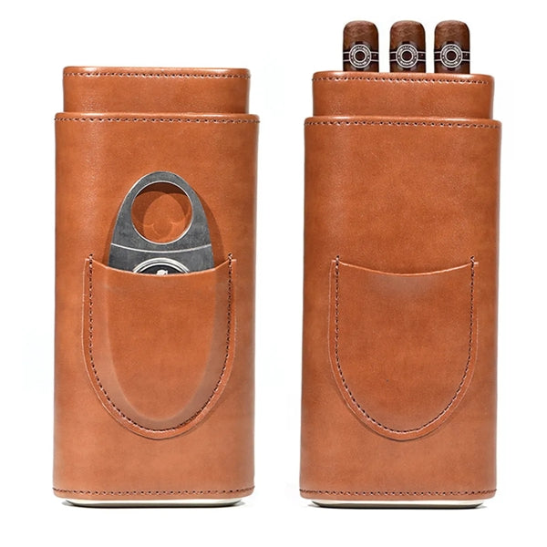 Leather Cigar Case with Silver Stainless Steel Cutter