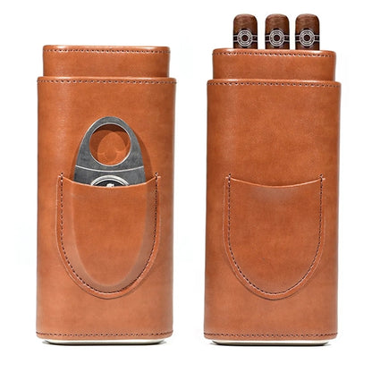 Leather Cigar Case with Silver Stainless Steel Cutter