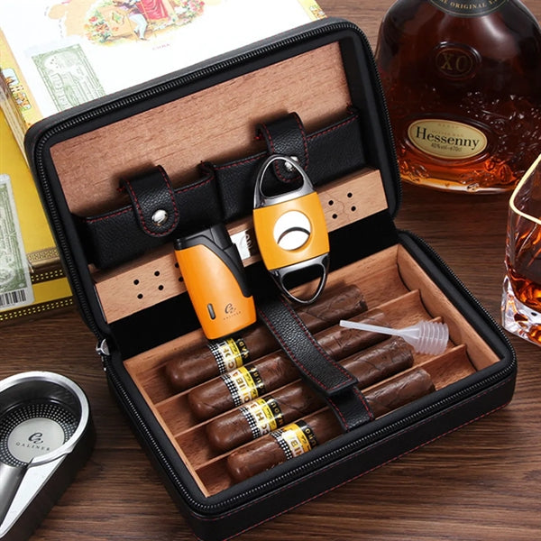 Portable Cigar Box Humidor Travel Leather Case Set
