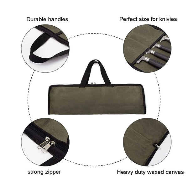 Portable Waxed Canvas Knife Roll Bag with 4 Slots