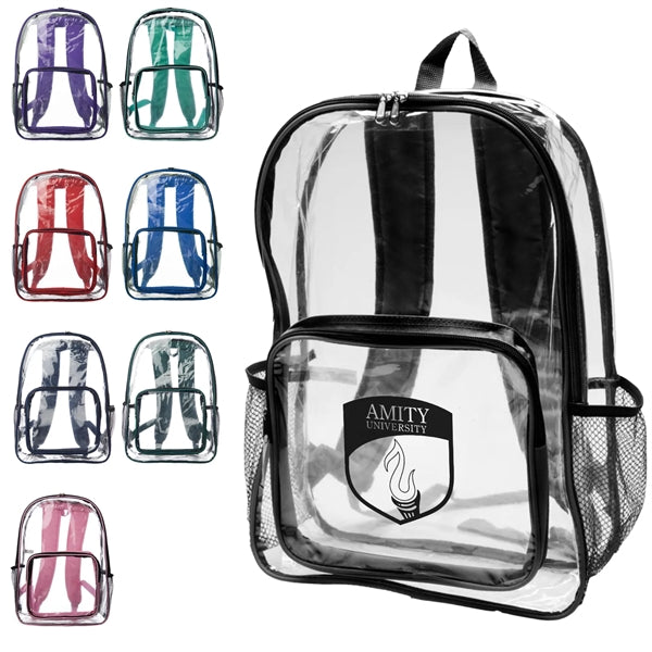 Clear Plastic Backpack w/ Mesh Pocket (13"x18")