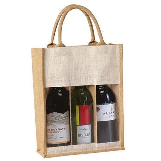 Three Wine Bottle Jute Bag With cotton webbed handle