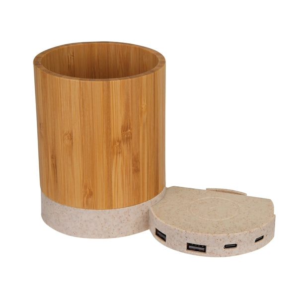 Bamboo Pen Cup w/10W Wireless Charger