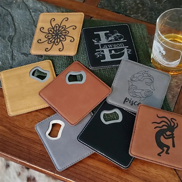 Custom Engraved Leatherette Coaster With Bottle Opener