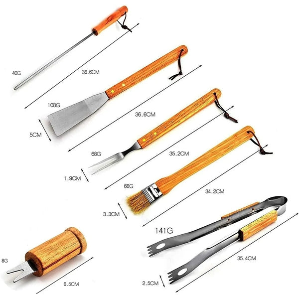 Outdoor Picnic Camping Wooden Handle Stainless Steel BBQ Set