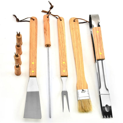 Outdoor Picnic Camping Wooden Handle Stainless Steel BBQ Set
