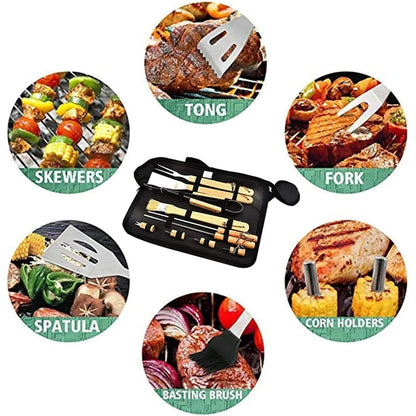 Outdoor Picnic Camping Wooden Handle Stainless Steel BBQ Set