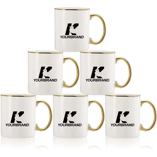 Custom 11oz White Blank Ceramic Mugs  with gold handle