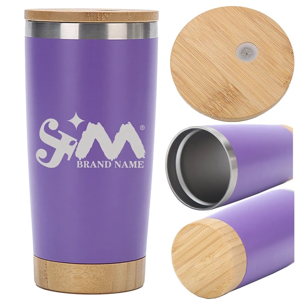 20 Oz Double Wall Thermal Cup With Bamboo Wooden Lid Base