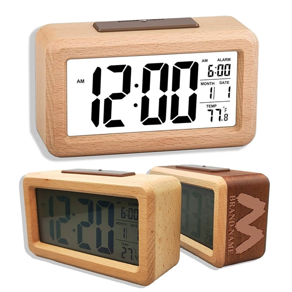 Bamboo Wooden LCD Alarm Digital Clock With Night Light Temp