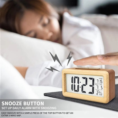 Bamboo Wooden LCD Alarm Digital Clock With Night Light Temp