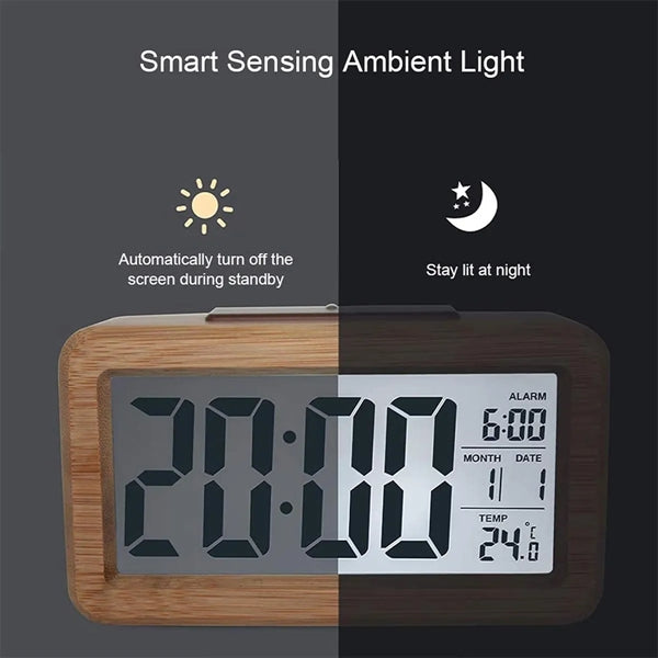 Bamboo Wooden LCD Alarm Digital Clock With Night Light Temp