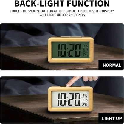 Bamboo Wooden LCD Alarm Digital Clock With Night Light Temp