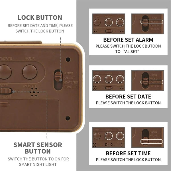 Bamboo Wooden LCD Alarm Digital Clock With Night Light Temp