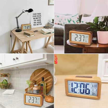Bamboo Wooden LCD Alarm Digital Clock With Night Light Temp