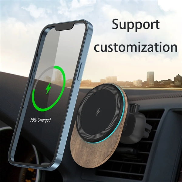 15W Bamboo Wood Magnetic Wireless Charger Car Phone Holder