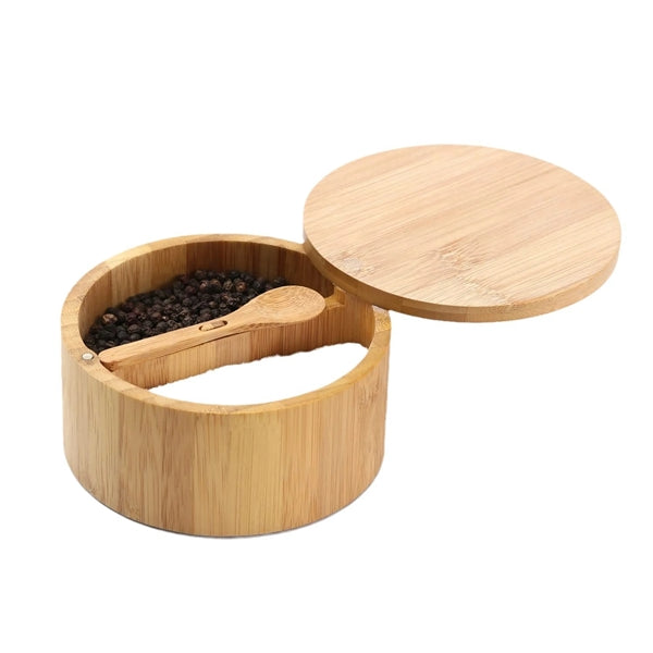 Bamboo Salt And Pepper Bowl Box Container Built-In Spoon