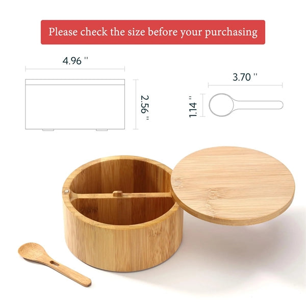 Bamboo Salt And Pepper Bowl Box Container Built-In Spoon