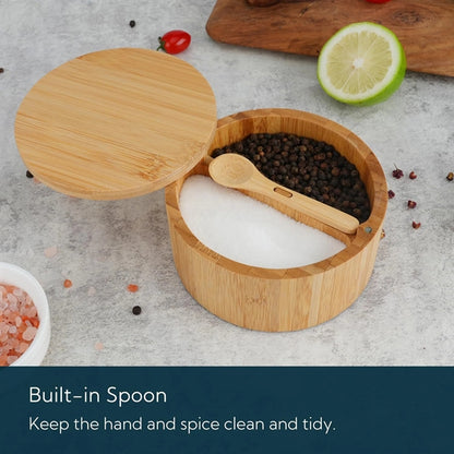 Bamboo Salt And Pepper Bowl Box Container Built-In Spoon