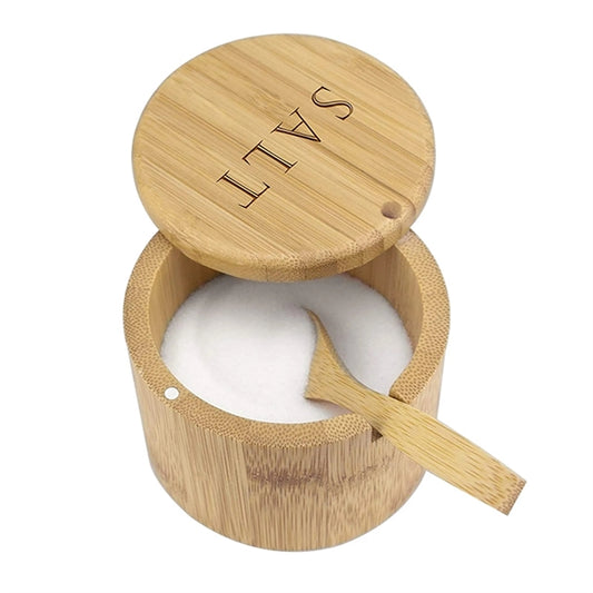 Bamboo Salt Cellar Storage Box Magnetic Swivel Lid