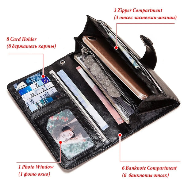Genuine Leather Women's Wallet with Wrist Strap