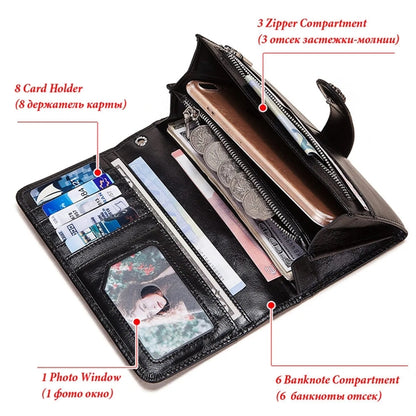 Genuine Leather Women's Wallet with Wrist Strap