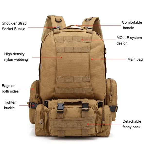 Tactical Backpack 4 in 1 Detachable Molle Bag Pack 55L