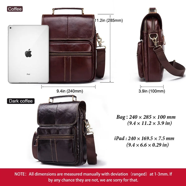 Men's Leather Messenger Bag with Adjustable Shoulder Strap.