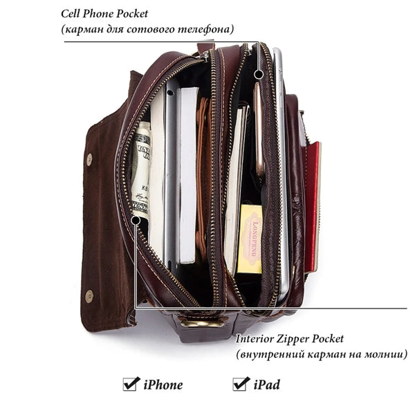 Men's Leather Messenger Bag with Adjustable Shoulder Strap.