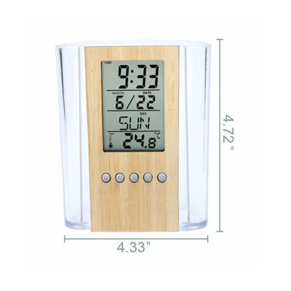 Multifunctional Digital Bamboo And Wood Pen Holder Clock