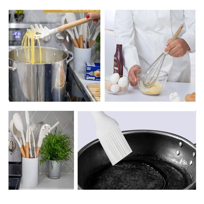 Heat Resistant Wooden Handle Silicone Kitchen Utensil Set