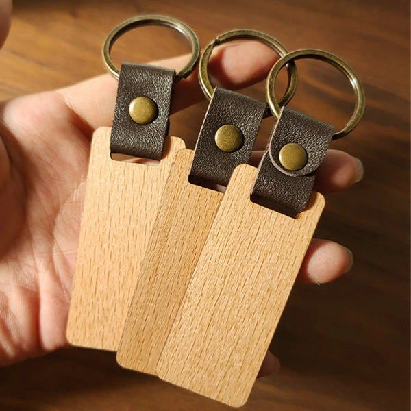 Wooden Keychain With Imitation Leather And Iron Findings