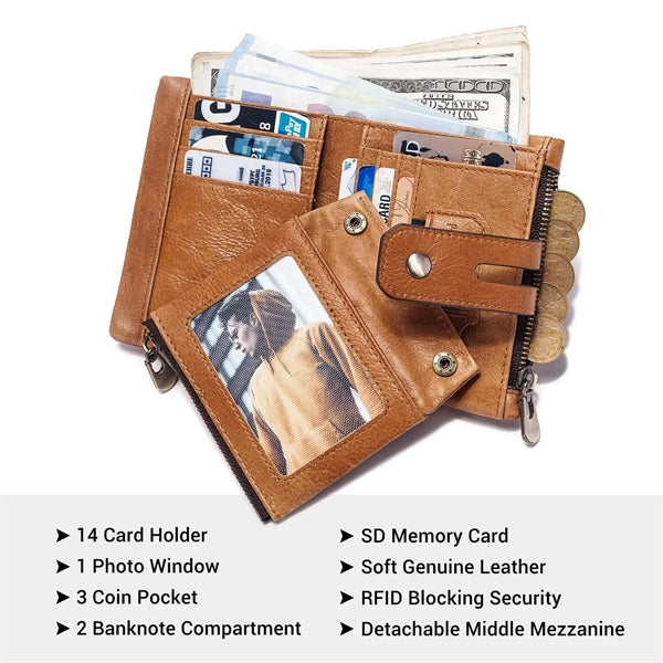 Genuine Leather Detachable Mezzanine RFID Chain Wallet
