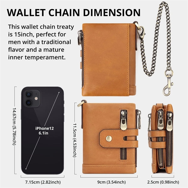 Genuine Leather Detachable Mezzanine RFID Chain Wallet