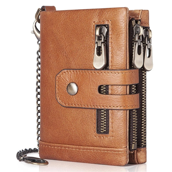 Genuine Leather Detachable Mezzanine RFID Chain Wallet
